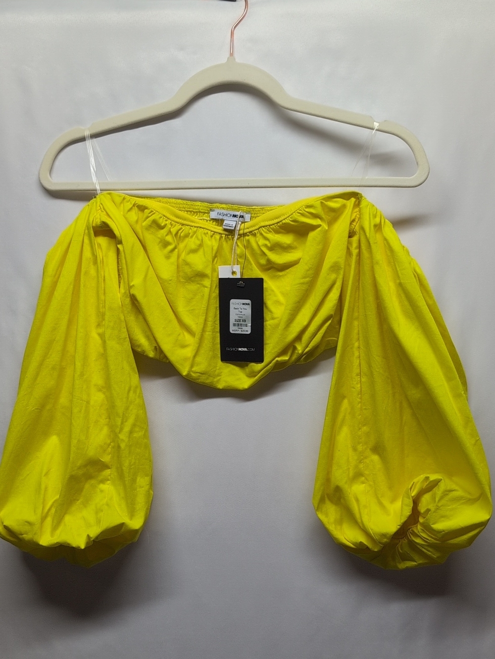 565-Fashion Nova Neon Yellow Off-Shoulder Puff Sleeve Crop Top